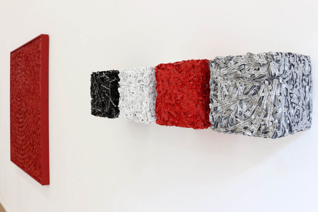 Inquadratura prospettica laterale radente su parete espositiva bianca. A sinistra, sezione parziale angolata di pannello quadrangolare monocromo rosso a rilievo lineare spiraliforme. A destra, installazione plastica sporgente a parete costituita da quattro moduli volumetrici cubici accostati in progressione dimensionale crescente da sinistra a destra. Sequenza cromatica e materica netta: primo modulo minore nero opaco a fitte stratificazioni interne; secondo modulo bianco a rilievo frammentato; terzo modulo rosso saturo a densa tessitura compressa; quarto modulo maggiore in primo piano a destra strutturato da un fitto intreccio geometrico di strisce cartacee d'archivio recanti frammenti di testi stampati leggibili. Ombre portanti nette proiettate sulla superficie muraria sottostante. Documentazione d'arte contemporanea di Giovanni Fava.